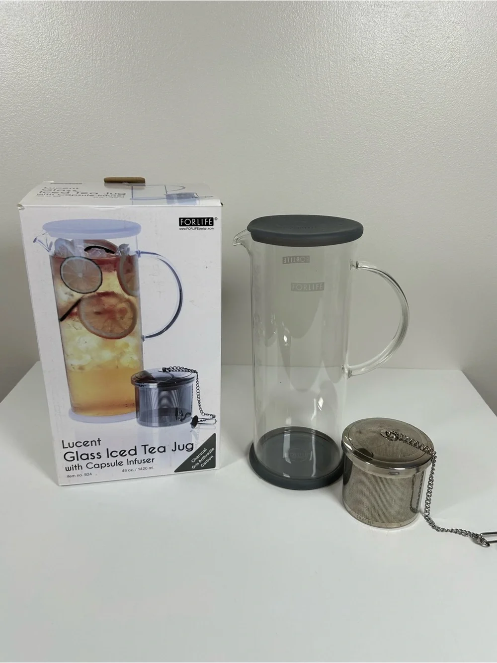 FORLIFE LUCENT Glass Iced Tea Jug with Charcoal Lid and Infuser 48-Ounce